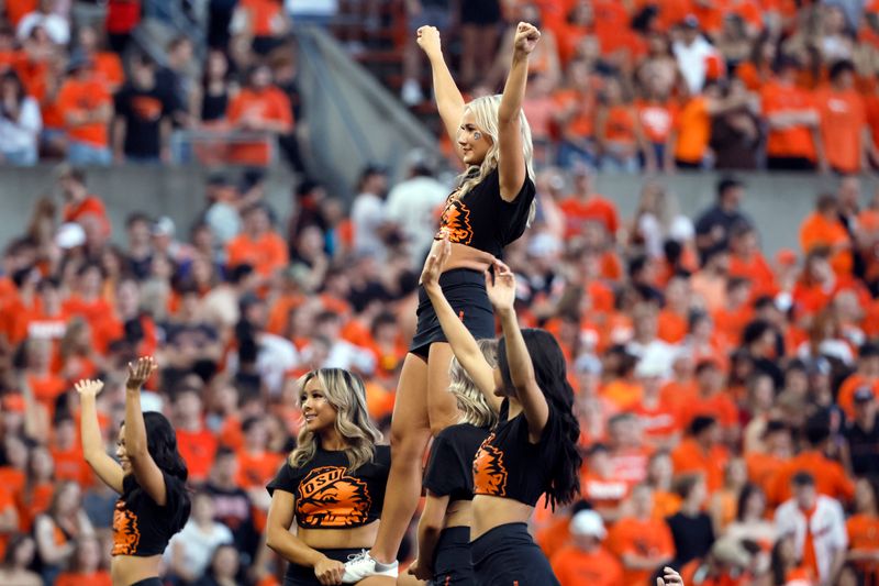 Oct 15, 2022; Corvallis, Oregon, USA; Oregon State Beavers cheerleaders perform during the first half Washington State Cougars at Reser Stadium. Mandatory Credit: Soobum Im-USA TODAY Sports