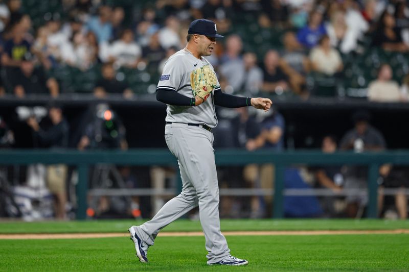 Aug 9, 2023; Chicago, Illinois, USA; New York Yankees relief pitcher Nick Ramirez (63) reacts during the eight inning at Guaranteed Rate Field. Mandatory Credit: Kamil Krzaczynski-USA TODAY Sports