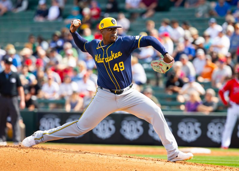 Feb 27, 2024; Tempe, Arizona, USA; Milwaukee Brewers pitcher Thyago Vieira against the Los Angeles Angels during a spring training game at Tempe Diablo Stadium. Mandatory Credit: Mark J. Rebilas-USA TODAY Sports