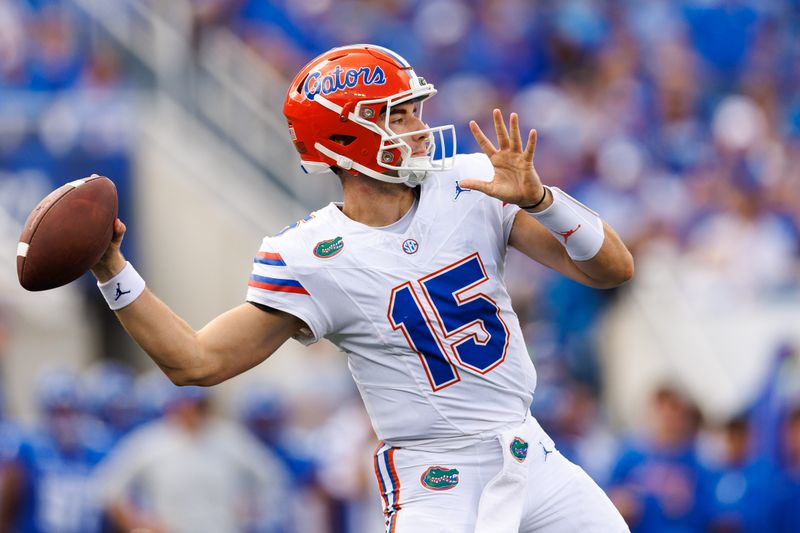 Sep 30, 2023; Lexington, Kentucky, USA; Florida Gators quarterback Graham Mertz (15) throws a pass during the first quarter against the Kentucky Wildcats at Kroger Field. Mandatory Credit: Jordan Prather-USA TODAY Sports