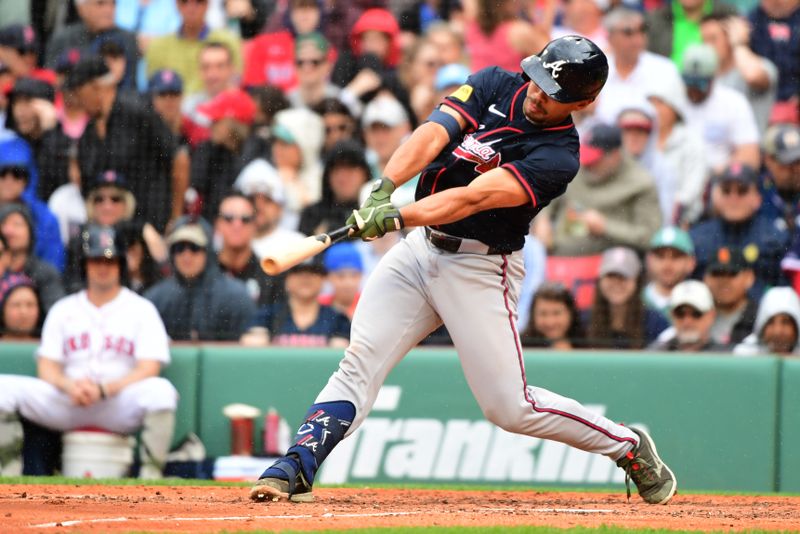 May 18, 2025; Boston, Massachusetts, USA;  Atlanta Braves right fielder Eli White (36) hits an RBI single during the fifth inning against the Boston Red Sox at Fenway Park. Mandatory Credit: Bob DeChiara-Imagn Images