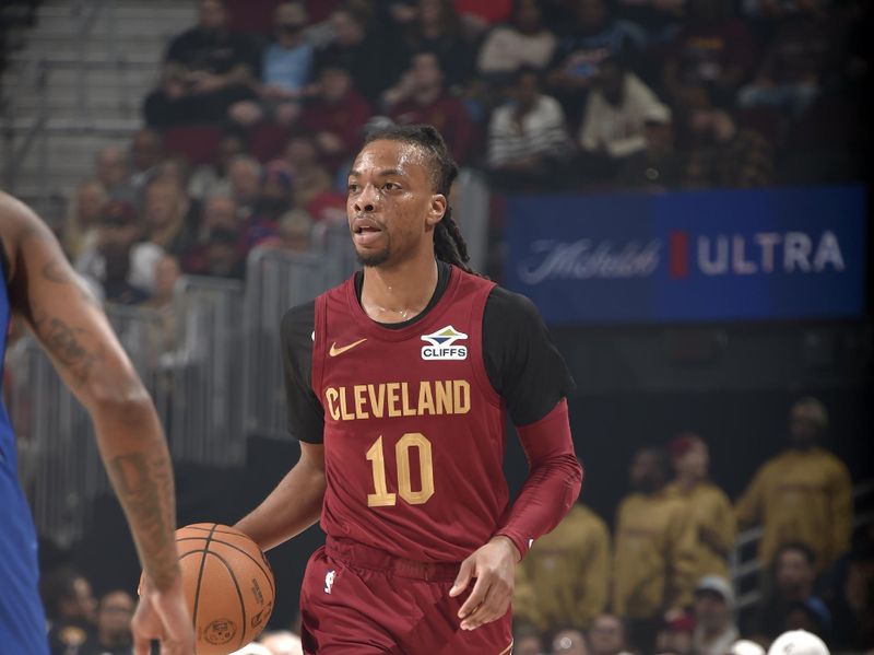 CLEVELAND, OH - APRIL 2: Darius Garland #10 of the Cleveland Cavaliers dribbles the ball during the game against the New York Knicks on April 2, 2025 at Rocket Arena in Cleveland, Ohio. NOTE TO USER: User expressly acknowledges and agrees that, by downloading and/or using this Photograph, user is consenting to the terms and conditions of the Getty Images License Agreement. Mandatory Copyright Notice: Copyright 2025 NBAE (Photo by David Liam Kyle/NBAE via Getty Images)