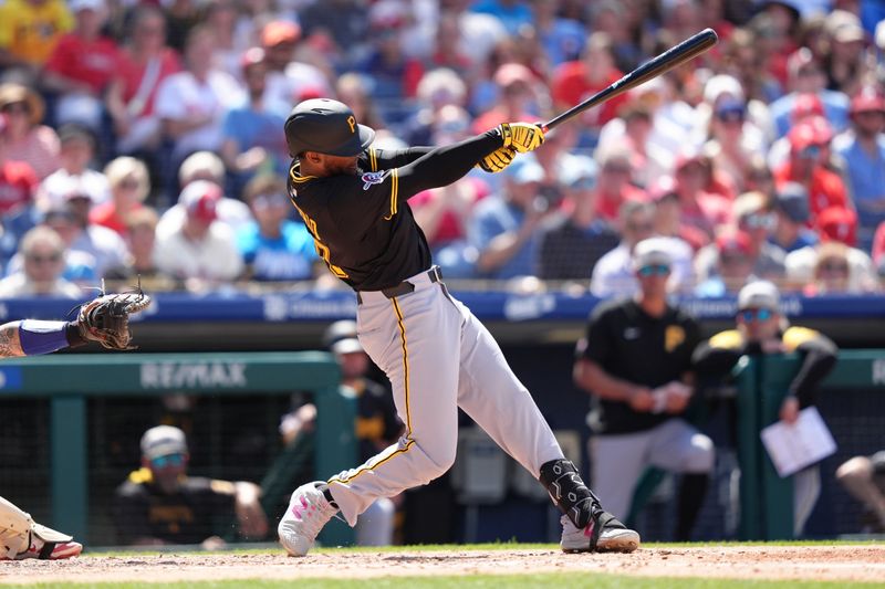 May 18, 2025; Philadelphia, Pennsylvania, USA; Pittsburgh Pirates outfielder Alexander Canario (29) hits a single against the Philadelphia Phillies in the seventh inning at Citizens Bank Park. Mandatory Credit: Kyle Ross-Imagn Images