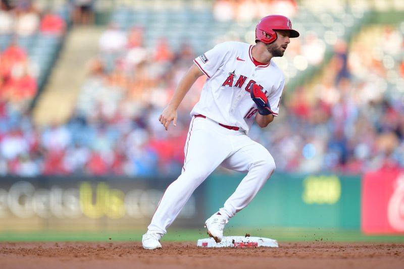 Jul 11, 2024; Anaheim, California, USA; Los Angeles Angels first baseman Nolan Schanuel (18) reaches second against the Seattle Mariners during the first inning at Angel Stadium. Mandatory Credit: Gary A. Vasquez-USA TODAY Sports