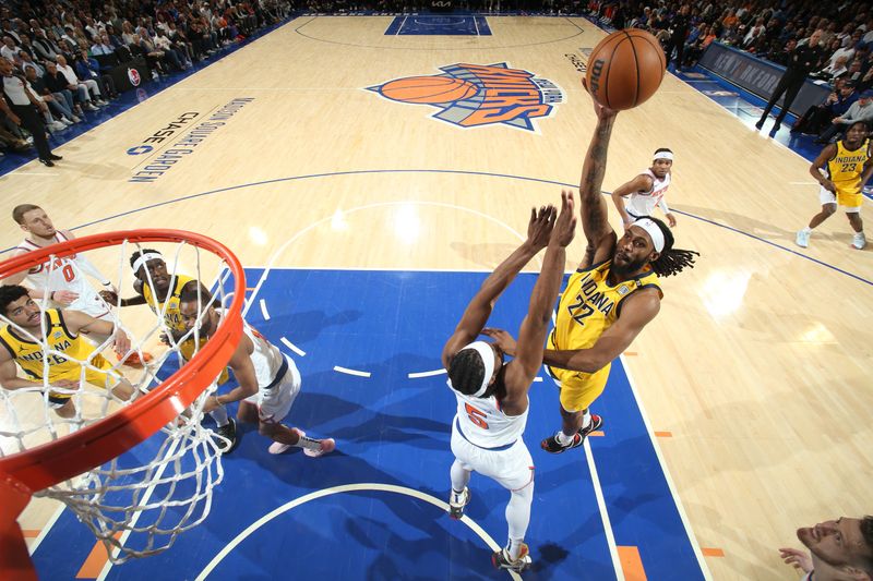 NEW YORK, NY - MAY 19: Isaiah Jackson #22 of the Indiana Pacers drives to the basket during the game  against the New York Knicks during Round 2 Game 7 of the 2024 NBA Playoffs on May 19, 2024 at Madison Square Garden in New York City, New York.  NOTE TO USER: User expressly acknowledges and agrees that, by downloading and or using this photograph, User is consenting to the terms and conditions of the Getty Images License Agreement. Mandatory Copyright Notice: Copyright 2024 NBAE  (Photo by Nathaniel S. Butler/NBAE via Getty Images)