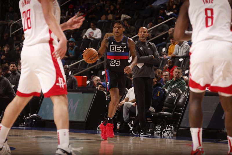 DETROIT, MI - JANUARY 12: Marcus Sasser #25 of the Detroit Pistons handles the ball during the game against the Houston Rockets on January 12, 2024 at Little Caesars Arena in Detroit, Michigan. NOTE TO USER: User expressly acknowledges and agrees that, by downloading and/or using this photograph, User is consenting to the terms and conditions of the Getty Images License Agreement. Mandatory Copyright Notice: Copyright 2024 NBAE (Photo by Brian Sevald/NBAE via Getty Images)