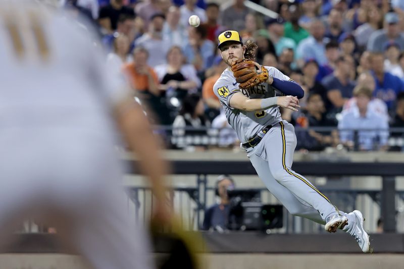 Jun 28, 2023; New York City, New York, USA; Milwaukee Brewers third baseman Brian Anderson (9) throws to first base to force out New York Mets right fielder Starling Marte (not pictured) to end the seventh inning at Citi Field. Mandatory Credit: Brad Penner-USA TODAY Sports