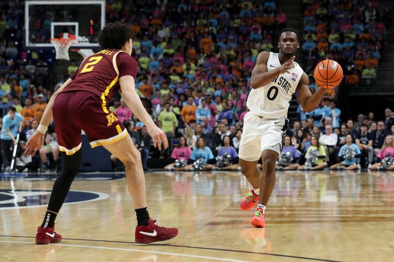 Jan 27, 2024; University Park, Pennsylvania, USA; Penn State Nittany Lions guard Kanye Clary (0) passes the ball as Minnesota Golden Gophers guard Mike Mitchell Jr (2) defends during the first half at Bryce Jordan Center. Minnesota defeated Penn State 83-74. Mandatory Credit: Matthew O'Haren-USA TODAY Sports