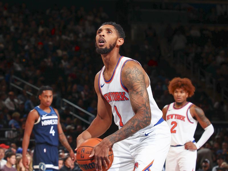 NEW YORK, NY - OCTOBER 13: Cameron Payne #1 of the New York Knicks shoots a free throw during the game on October 13, 2024 at Madison Square Garden in New York City, New York.  NOTE TO USER: User expressly acknowledges and agrees that, by downloading and or using this photograph, User is consenting to the terms and conditions of the Getty Images License Agreement. Mandatory Copyright Notice: Copyright 2024 NBAE  (Photo by David L. Nemec/NBAE via Getty Images)