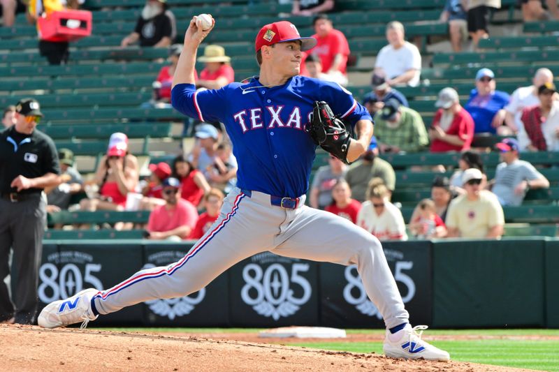 Feb 23, 2026; Tempe, Arizona, USA;  Texas Rangers pitcher Jack Leiter (22) throws in the first inning against the Los Angeles Angels during a spring training game at Tempe Diablo Stadium. Mandatory Credit: Matt Kartozian-Imagn Images