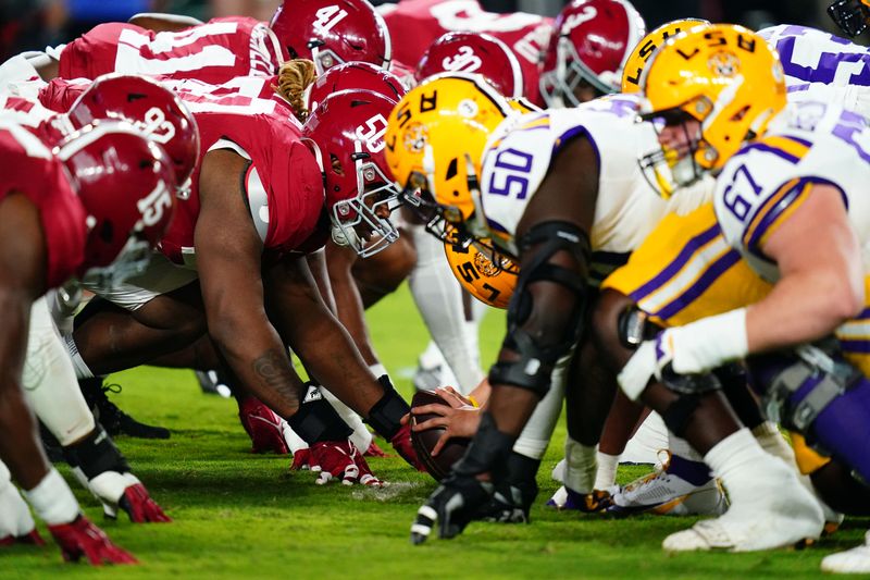 Nov 4, 2023; Tuscaloosa, Alabama, USA; The Alabama Crimson Tide and the LSU Tigers during the first quarter at Bryant-Denny Stadium. Mandatory Credit: John David Mercer-USA TODAY Sports