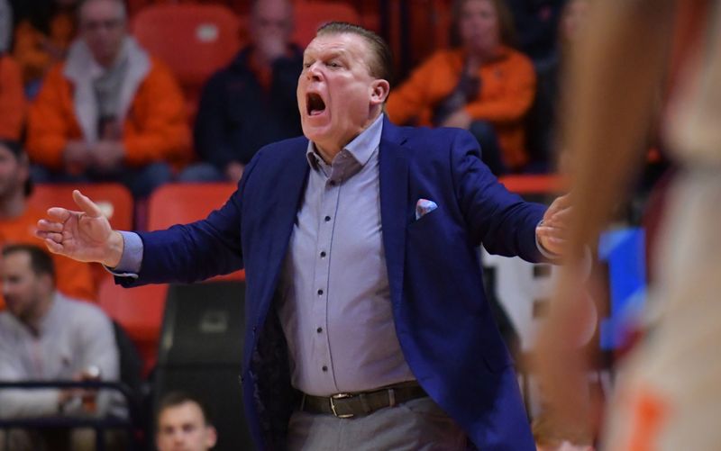 Jan 31, 2023; Champaign, Illinois, USA; Illinois Fighting Illini head coach Brad Underwood reacts during the first half  against the Nebraska Cornhuskers at State Farm Center. Mandatory Credit: Ron Johnson-USA TODAY Sports