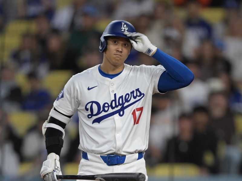 Apr 2, 2024; Los Angeles, California, USA;  Los Angeles Dodgers designated hitter Shohei Ohtani (17) at bat in the first inning against the San Francisco Giants at Dodger Stadium. Mandatory Credit: Jayne Kamin-Oncea-USA TODAY Sports