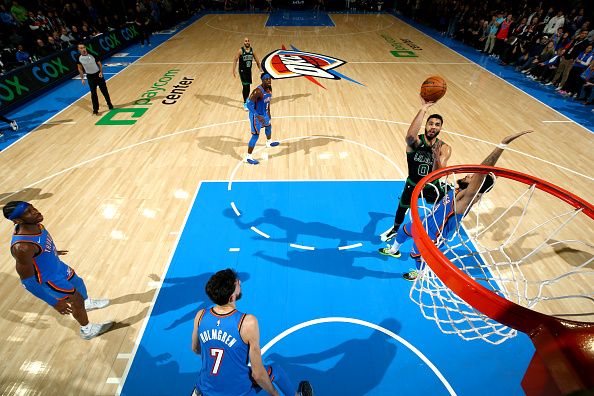 OKLAHOMA CITY, OK - JANUARY 2: Jayson Tatum #0 of the Boston Celtics shoots the ball during the game against the Oklahoma City Thunder on January 2, 2024 at Paycom Arena in Oklahoma City, Oklahoma. NOTE TO USER: User expressly acknowledges and agrees that, by downloading and or using this photograph, User is consenting to the terms and conditions of the Getty Images License Agreement. Mandatory Copyright Notice: Copyright 2024 NBAE (Photo by Zach Beeker/NBAE via Getty Images)