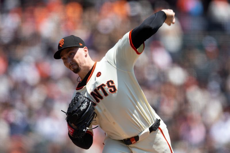 Jul 14, 2024; San Francisco, California, USA; San Francisco Giants starting pitcher Blake Snell (7) delivers a pitch against the Minnesota Twins during the second inning at Oracle Park. Mandatory Credit: D. Ross Cameron-USA TODAY Sports