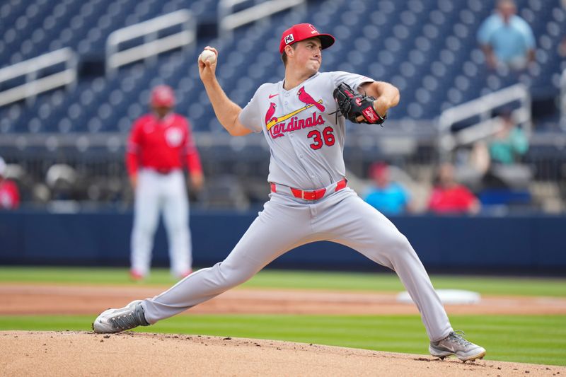 Mar 4, 2025; West Palm Beach, Florida, USA; St. Louis Cardinals pitcher Michael McGreevy (36) throws a pitch against the Washington Nationals during the first inning at CACTI Park of the Palm Beaches. Mandatory Credit: Rich Storry-Imagn Images