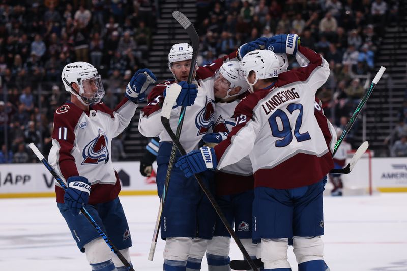 Feb 25, 2026; Salt Lake City, Utah, USA; The Colorado Avalanche celebrate after a goal against the Utah Mammoth by center Martin Necas (88) during the second period at Delta Center. Mandatory Credit: Rob Gray-Imagn Images