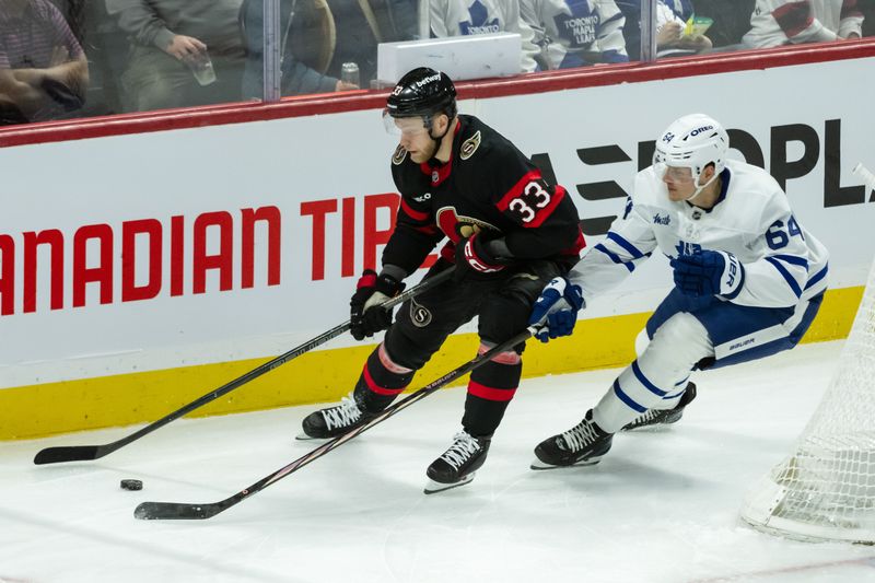 Jan 25, 2025; Ottawa, Ontario, CAN; Ottawa Senators defenseman Nikolas Matinpalo (33) and Toronto Maple Leafs center David Kampf (64) chase the puck in the third period at the Canadian Tire Centre. Mandatory Credit: Marc DesRosiers-Imagn Images