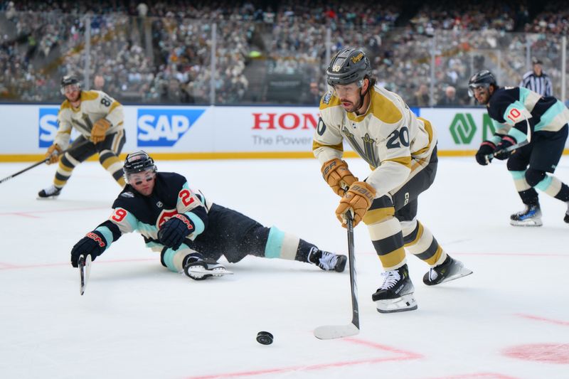 Jan 1, 2024; Seattle, Washington, USA; Vegas Golden Knights center Chandler Stephenson (20) plays the puck past Seattle Kraken defenseman Vince Dunn (29) during the first period in the 2024 Winter Classic ice hockey game at T-Mobile Park. Mandatory Credit: Steven Bisig-USA TODAY Sports