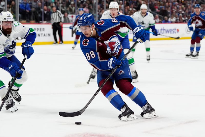 Dec 2, 2025; Denver, Colorado, USA; Colorado Avalanche center Martin Necas (88) controls the puck in the second period against the Vancouver Canucks at Ball Arena. Mandatory Credit: Ron Chenoy-Imagn Images Dec 2, 2025; Denver, Colorado, USA; Colorado Avalanche center Martin Necas (88) controls the puck in the second period against the Vancouver Canucks at Ball Arena. Mandatory Credit: Ron Chenoy-Imagn Images