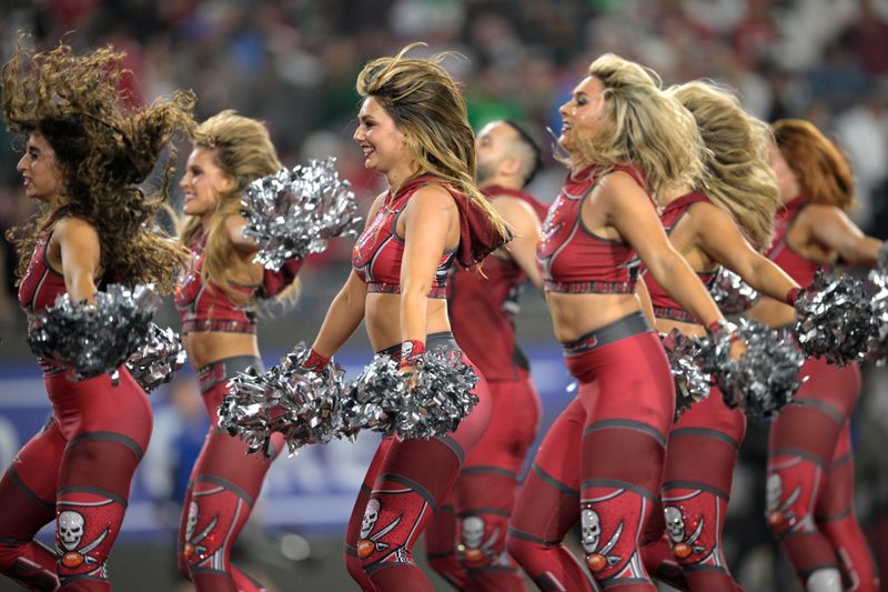 The Tampa Bay Buccaneers cheerleaders perform on the field during the first half of an NFL wild-card playoff football game against the Philadelphia Eagles, Monday, Jan. 15, 2024, in Tampa, Fla. (AP Photo/Phelan M. Ebenhack)