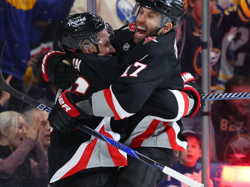 Mar 8, 2026; Buffalo, New York, USA; Buffalo Sabres left wing Jason Zucker (17) celebrates his goal with defenseman Rasmus Dahlin (26) during the second period against the Tampa Bay Lightning at KeyBank Center. Mandatory Credit: Timothy T. Ludwig-Imagn Images Mar 8, 2026; Buffalo, New York, USA; Buffalo Sabres left wing Jason Zucker (17) celebrates his goal with defenseman Rasmus Dahlin (26) during the second period against the Tampa Bay Lightning at KeyBank Center. Mandatory Credit: Timothy T. Ludwig-Imagn Images