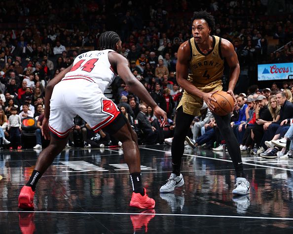 TORONTO, CANADA - NOVEMBER 24:  Scottie Barnes #4 of the Toronto Raptors handles the ball during the game  during the In-Season Tournament on November 24, 2023 at the Scotiabank Arena in Toronto, Ontario, Canada.  NOTE TO USER: User expressly acknowledges and agrees that, by downloading and or using this Photograph, user is consenting to the terms and conditions of the Getty Images License Agreement.  Mandatory Copyright Notice: Copyright 2023 NBAE (Photo by Vaughn Ridley/NBAE via Getty Images)