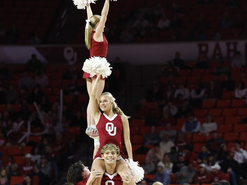 Jan 18, 2025; Norman, Oklahoma, USA; Oklahoma Soooners cheerleaders perform during time out against the South Carolina Gamecocks during the first half at Lloyd Noble Center. Mandatory Credit: Alonzo Adams-Imagn Images