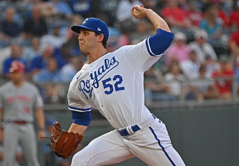 Jun 14, 2023; Kansas City, Missouri, USA;  Kansas City Royals starting pitcher Daniel Lynch (52) delivers a pitch in the first inning against the Cincinnati Reds at Kauffman Stadium. Mandatory Credit: Peter Aiken-USA TODAY Sports