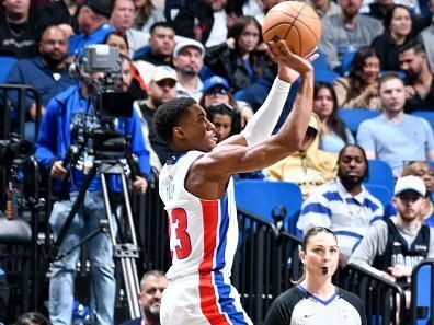 ORLANDO, FL - DECEMBER 8: Jaden Ivey #23 of the Detroit Pistons shoots a three point basket during the game against the Orlando Magic on December 8, 2023 at Amway Center in Orlando, Florida. NOTE TO USER: User expressly acknowledges and agrees that, by downloading and or using this photograph, User is consenting to the terms and conditions of the Getty Images License Agreement. Mandatory Copyright Notice: Copyright 2023 NBAE (Photo by Fernando Medina/NBAE via Getty Images)