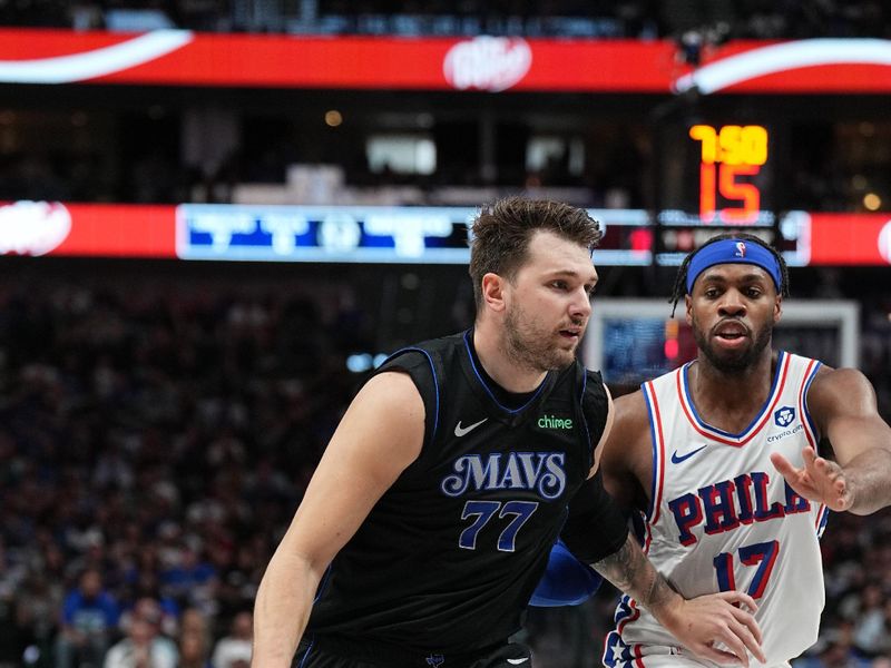 DALLAS, TX - MARCH 3: Luka Doncic #77 of the Dallas Mavericks drives to the basket during the game against the Philadelphia 76ers on March 3, 2024 at the American Airlines Center in Dallas, Texas. NOTE TO USER: User expressly acknowledges and agrees that, by downloading and or using this photograph, User is consenting to the terms and conditions of the Getty Images License Agreement. Mandatory Copyright Notice: Copyright 2024 NBAE (Photo by Glenn James/NBAE via Getty Images)