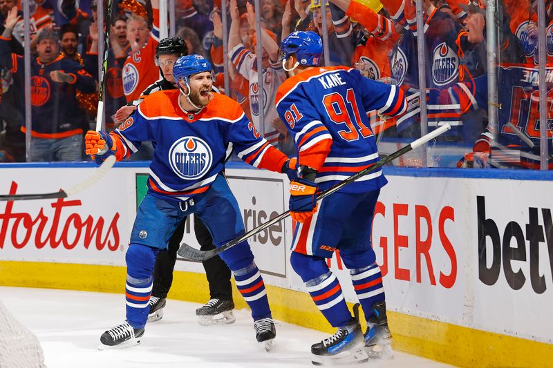 May 1, 2024; Edmonton, Alberta, CAN; The Edmonton Oilers celebrate a goal scored by forward Evander Kane (91) during the first period against the Los Angeles Kings in game five of the first round of the 2024 Stanley Cup Playoffs at Rogers Place. Mandatory Credit: Perry Nelson-USA TODAY Sports