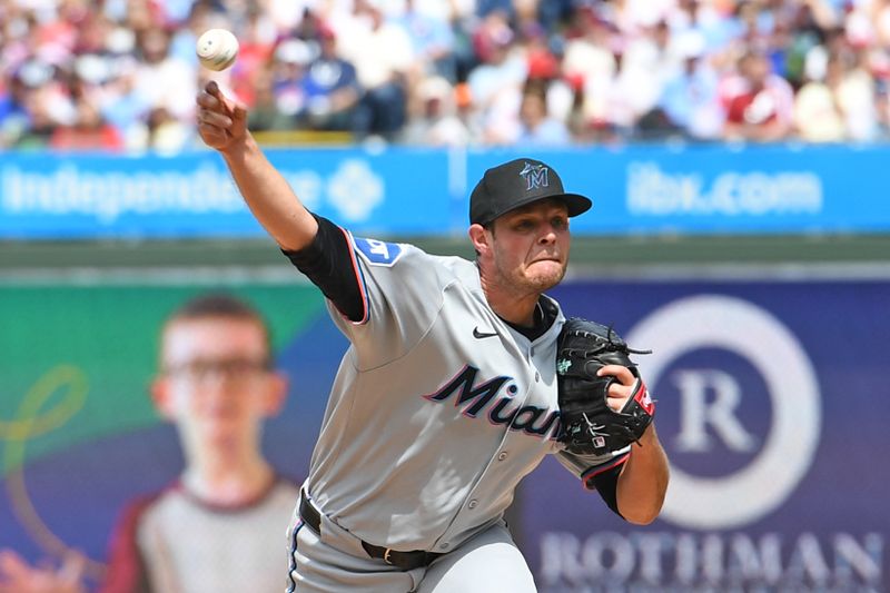 Apr 20, 2025; Philadelphia, Pennsylvania, USA; Miami Marlins pitcher Connor Gillispie (55) throws a pitch during the first inning against the Philadelphia Phillies at Citizens Bank Park. Mandatory Credit: Eric Hartline-Imagn Images
