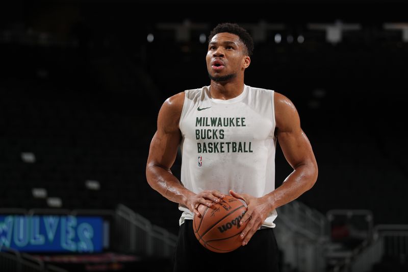 MILWAUKEE, WI - FEBRUARY 8: Giannis Antetokounmpo #34 of the Milwaukee Bucks warms up before the game against the Minnesota Timberwolves on February 8, 2024 at the Fiserv Forum Center in Milwaukee, Wisconsin. NOTE TO USER: User expressly acknowledges and agrees that, by downloading and or using this Photograph, user is consenting to the terms and conditions of the Getty Images License Agreement. Mandatory Copyright Notice: Copyright 2024 NBAE (Photo by Gary Dineen/NBAE via Getty Images).