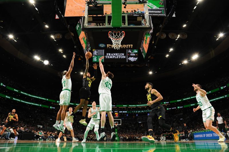 BOSTON, MA - JANUARY 5: Keyonte George #3 of the Utah Jazz shoots the ball during the game against the Boston Celtics on January 5, 2024 at the TD Garden in Boston, Massachusetts. NOTE TO USER: User expressly acknowledges and agrees that, by downloading and or using this photograph, User is consenting to the terms and conditions of the Getty Images License Agreement. Mandatory Copyright Notice: Copyright 2024 NBAE  (Photo by Brian Babineau/NBAE via Getty Images)