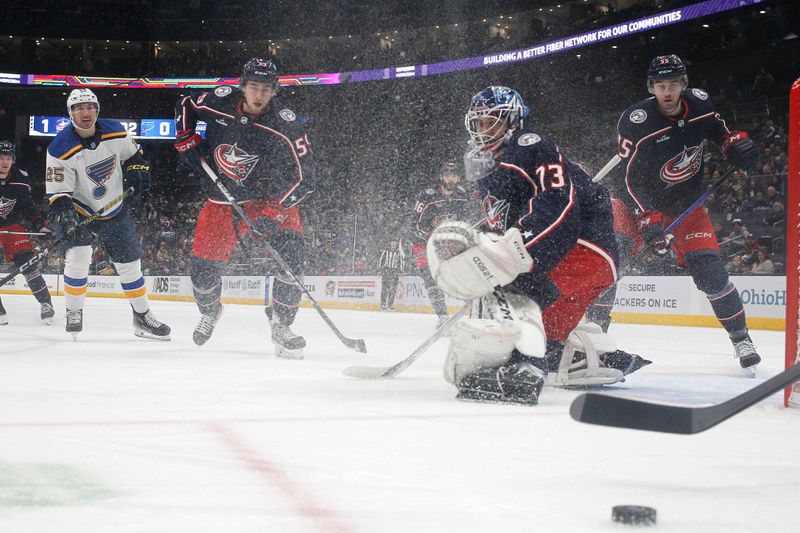 Dec 8, 2023; Columbus, Ohio, USA; Columbus Blue Jackets goalie Jet Greaves (73) makes a save against the St. Louis Blues during the first period at Nationwide Arena. Mandatory Credit: Russell LaBounty-USA TODAY Sports