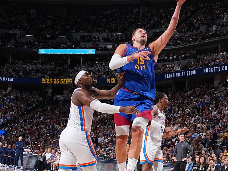 DENVER, CO - MAY 9: Nikola Jokic #15 of the Denver Nuggets drives to the basket during Round Two, Game Three of the 2025 NBA Playoffs against the Oklahoma City Thunder on May 9, 2025 at Ball Arena in Denver, Colorado. NOTE TO USER: User expressly acknowledges and agrees that, by downloading and/or using this Photograph, user is consenting to the terms and conditions of the Getty Images License Agreement. Mandatory Copyright Notice: Copyright 2025 NBAE (Photo by Bart Young/NBAE via Getty Images)