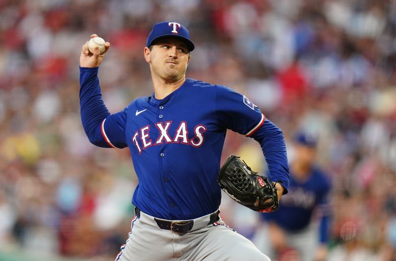 Aug 12, 2024; Boston, Massachusetts, USA; Texas Rangers starting pitcher Tyler Mahle (51) throws a pitch against the Boston Red Sox in the first inning at Fenway Park. Mandatory Credit: David Butler II-USA TODAY Sports