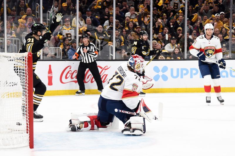 May 12, 2024; Boston, Massachusetts, USA; Boston Bruins left wing James van Riemsdyk (21) reacts after a goal by right wing David Pastrnak (88) (not pictured) past Florida Panthers goaltender Sergei Bobrovsky (72) during the first period in game four of the second round of the 2024 Stanley Cup Playoffs at TD Garden. Mandatory Credit: Bob DeChiara-USA TODAY Sports