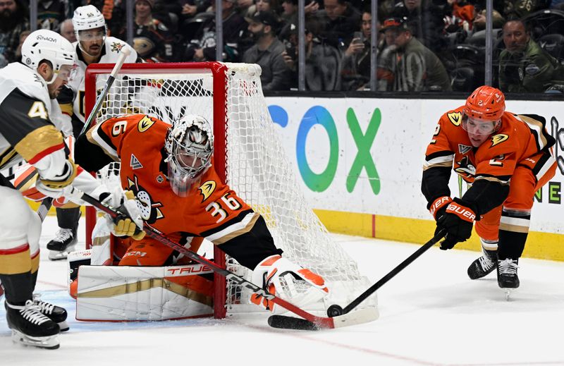 Dec 4, 2024; Anaheim, California, USA;  Anaheim Ducks defenseman Jackson LaCombe (2) and goaltender John Gibson (36) converge on the puck against Vegas Golden Knights center Tomas Hertl (left) during the first period at Honda Center. Mandatory Credit: Alex Gallardo-Imagn Images