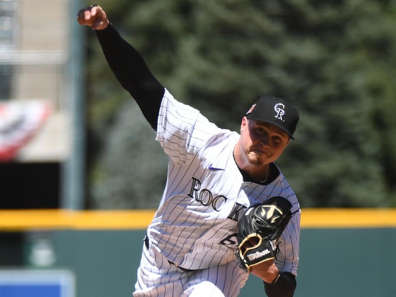 Aug 18, 2024; Denver, Colorado, USA; Colorado Rockies pitcher Bradley Blalock (64) throws during the first inning against the San Diego Padres at Coors Field. Mandatory Credit: Christopher Hanewinckel-USA TODAY Sports