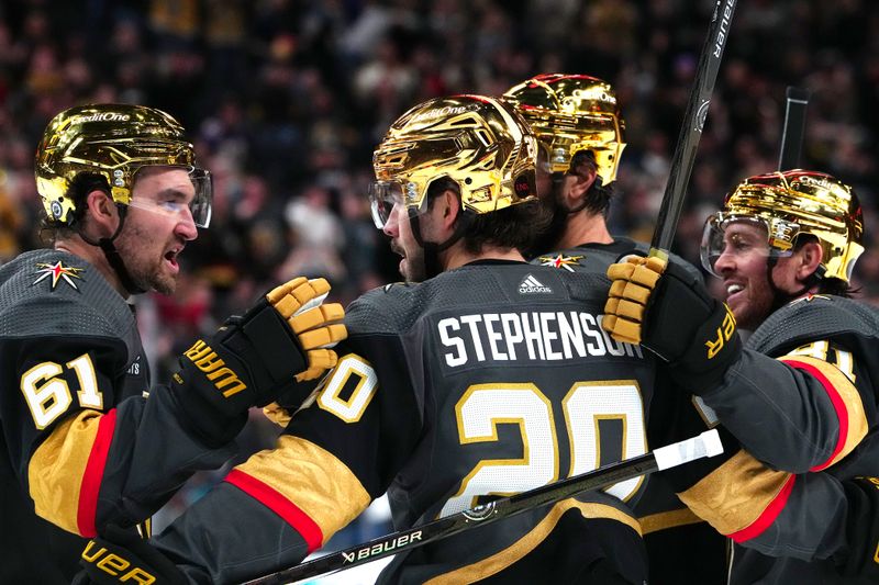 Dec 10, 2023; Las Vegas, Nevada, USA; Vegas Golden Knights center Chandler Stephenson (20) celebrates with team mates after scoring a goal against the San Jose Sharks during the second period at T-Mobile Arena. Mandatory Credit: Stephen R. Sylvanie-USA TODAY Sports