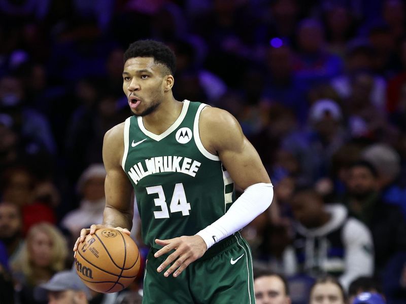 PHILADELPHIA, PENNSYLVANIA - FEBRUARY 25: Giannis Antetokounmpo #34 of the Milwaukee Bucks dribbles against the Philadelphia 76ers at the Wells Fargo Center on February 25, 2024 in Philadelphia, Pennsylvania. (Photo by Tim Nwachukwu/Getty Images)