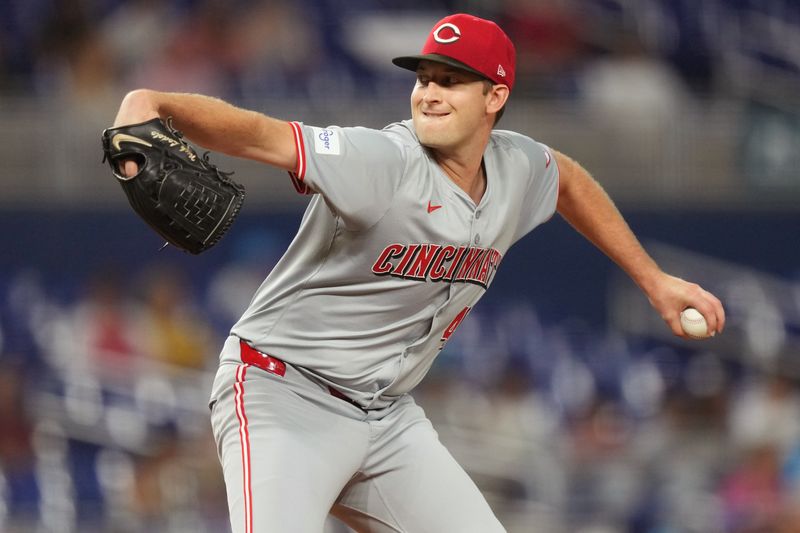 Aug 6, 2024; Miami, Florida, USA;  Cincinnati Reds starting pitcher Nick Lodolo (40) pitches against the Miami Marlins in the first inning at loanDepot Park. Mandatory Credit: Jim Rassol-USA TODAY Sports