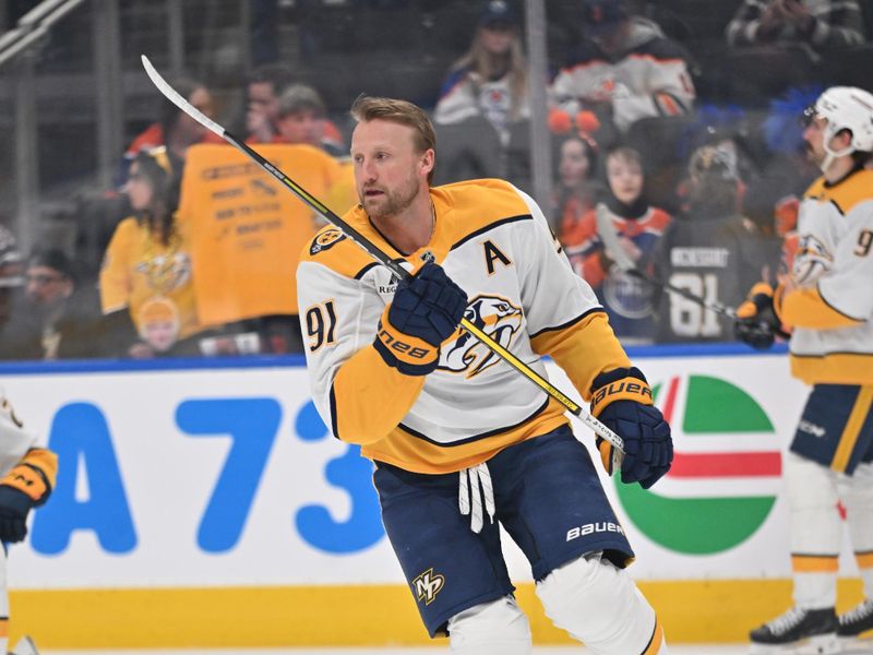 Mar 15, 2026; Edmonton, Alberta, CAN; Nashville Predators center Steven Stamkos (91) is seen during the pre game warm up before the first period against the Edmonton Oilers at Rogers Place. Mandatory Credit: Walter Tychnowicz-Imagn Images Mar 15, 2026; Edmonton, Alberta, CAN; Nashville Predators center Steven Stamkos (91) is seen during the pre game warm up before the first period against the Edmonton Oilers at Rogers Place. Mandatory Credit: Walter Tychnowicz-Imagn Images