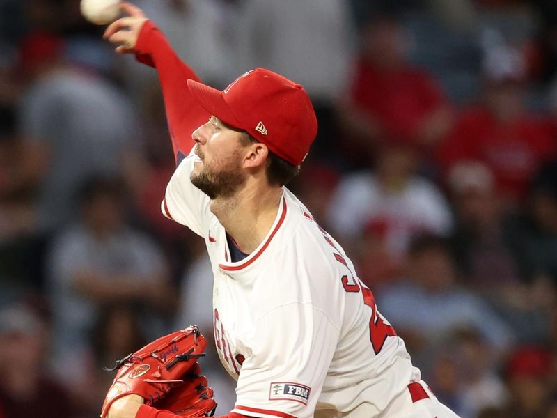 Sep 28, 2024; Anaheim, California, USA;  Los Angeles Angels starting pitcher Griffin Canning (47) pitches during the first inning against the Texas Rangers at Angel Stadium. Mandatory Credit: Kiyoshi Mio-Imagn Images