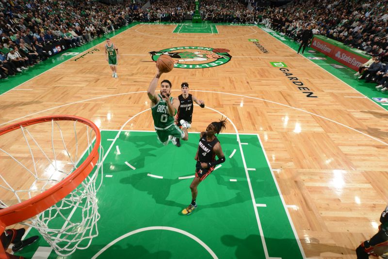 BOSTON, MA - APRIL 24: Jayson Tatum #0 of the Boston Celtics goes to the basket during the game  against the Miami Heat during Round 1 Game 2 of the 2024 NBA Playoffs on April 24, 2024 at the TD Garden in Boston, Massachusetts. NOTE TO USER: User expressly acknowledges and agrees that, by downloading and or using this photograph, User is consenting to the terms and conditions of the Getty Images License Agreement. Mandatory Copyright Notice: Copyright 2024 NBAE  (Photo by Brian Babineau/NBAE via Getty Images)