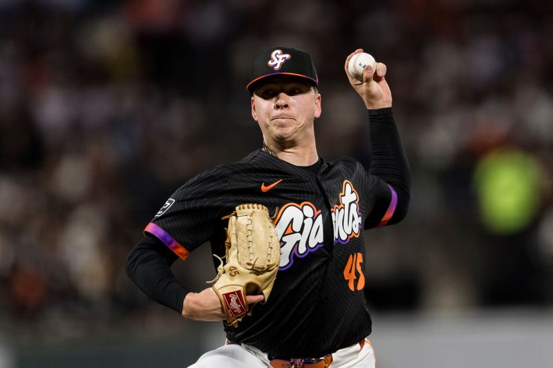 May 13, 2025; San Francisco, California, USA; San Francisco Giants relief pitcher Kyle Harrison (45) throws against the Arizona Diamondbacks during the seventh inning at Oracle Park. Mandatory Credit: John Hefti-Imagn Images