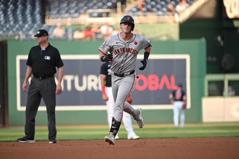 Aug 5, 2024; Washington, District of Columbia, USA; San Francisco Giants center fielder Tyler Fitzgerald (49) jogs around the bases after hitting a home run against the Washington Nationals during the first inning at Nationals Park. Mandatory Credit: Rafael Suanes-USA TODAY Sports