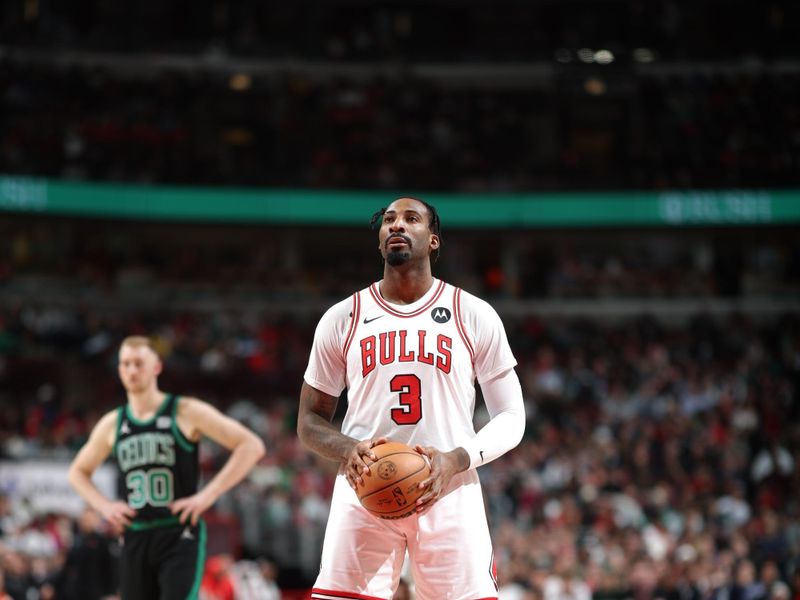 CHICAGO, IL - FEBRUARY 22: Andre Drummond #3 of the Chicago Bulls prepares to shoot a free throw during the game against the Boston Celtics on February 22, 2024 at United Center in Chicago, Illinois. NOTE TO USER: User expressly acknowledges and agrees that, by downloading and or using this photograph, User is consenting to the terms and conditions of the Getty Images License Agreement. Mandatory Copyright Notice: Copyright 2024 NBAE (Photo by Jeff Haynes/NBAE via Getty Images)